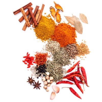 Assorted of spices isolated on white background.